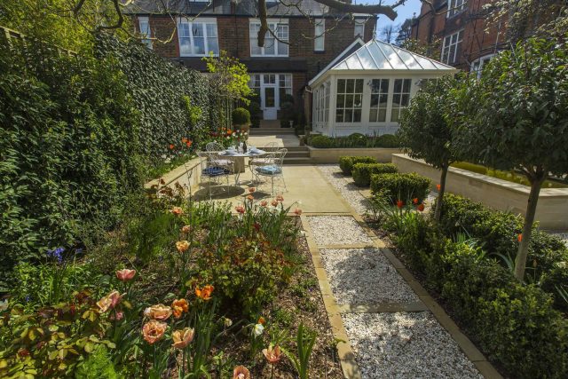Surbiton Garden Landscape Design Elegant Formal Garden shabby chic theme, Staggered symmetry balanced equilibrium and a contemporary twist to traditional design.