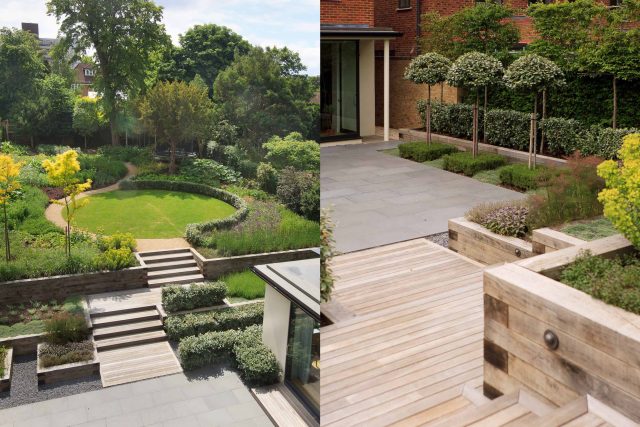 Beautiful town garden in Putney, design Garden landscaping company near me includes black granite stone paving and hard wood gates bespoke gates in hard wood.