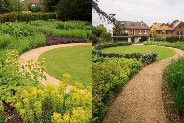 Beautiful town garden in Putney, design Garden landscaping company near me includes black granite stone paving and hard wood gates bespoke gates in hard wood.