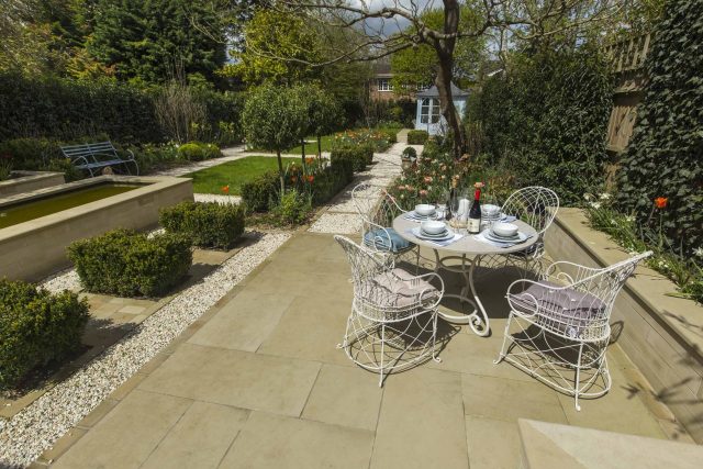 Surbiton Garden Landscape Design Elegant Formal Garden shabby chic theme, Staggered symmetry balanced equilibrium and a contemporary twist to traditional design.