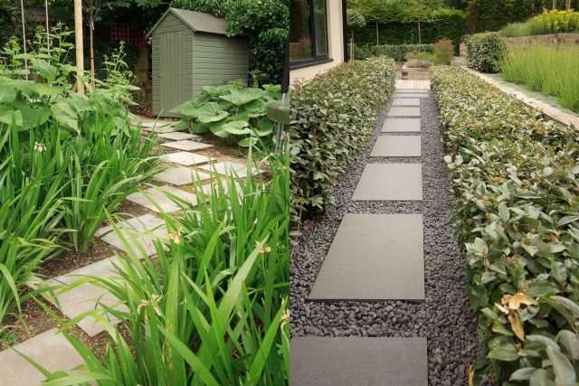 Beautiful town garden in Putney, design Garden landscaping company near me includes black granite stone paving and hard wood gates bespoke gates in hard wood.