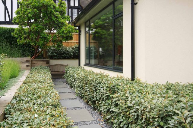 Beautiful town garden in Putney, design Garden landscaping company near me includes black granite stone paving and hard wood gates bespoke gates in hard wood.