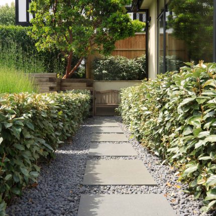 Beautiful town garden in Putney, design Garden landscaping company near me includes black granite stone paving and hard wood gates bespoke gates in hard wood.