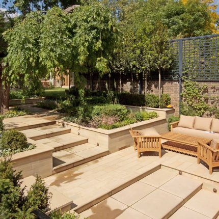 Large Grand Garden design includes York stone and wooden family pavilion in Notting Hill west London Landscape design company Ladbroke Grove Westbourne Grove.