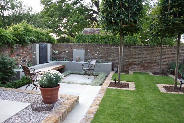 Multi Level Linear Garden Hertfordshire designed by Kate Gould inspired by the Gold Medal winning Eco-Chic, landscape design at its best building company Herts.