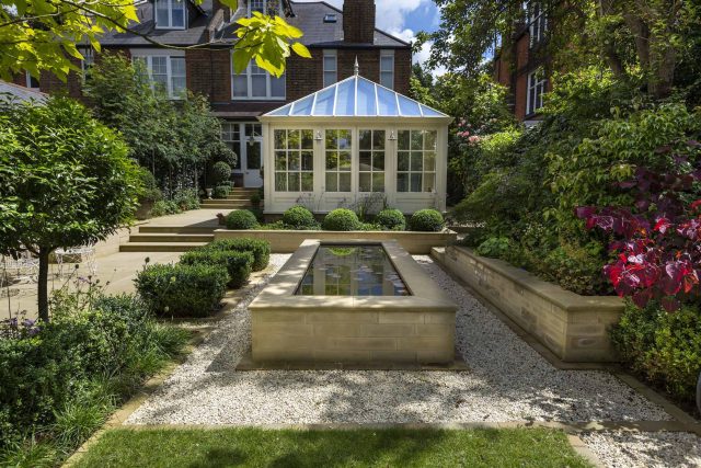 Surbiton Garden Landscape Design Elegant Formal Garden shabby chic theme, Staggered symmetry balanced equilibrium and a contemporary twist to traditional design.