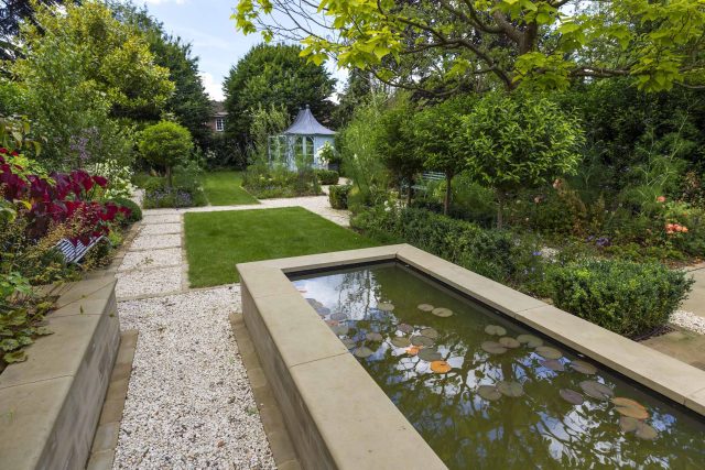 Surbiton Garden Landscape Design Elegant Formal Garden shabby chic theme, Staggered symmetry balanced equilibrium and a contemporary twist to traditional design.