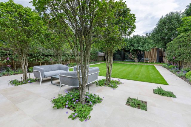 Beautiful contemporary family garden in Kew designed by Maitanne Hunt, constructed by The Garden Builders, creates a spacious, relaxing environment for entertain.