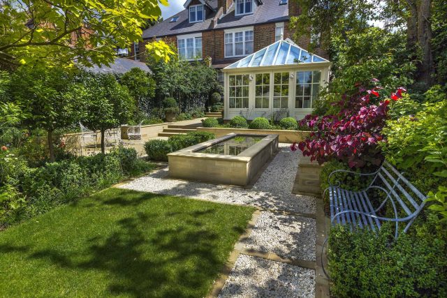 Surbiton Garden Landscape Design Elegant Formal Garden shabby chic theme, Staggered symmetry balanced equilibrium and a contemporary twist to traditional design.