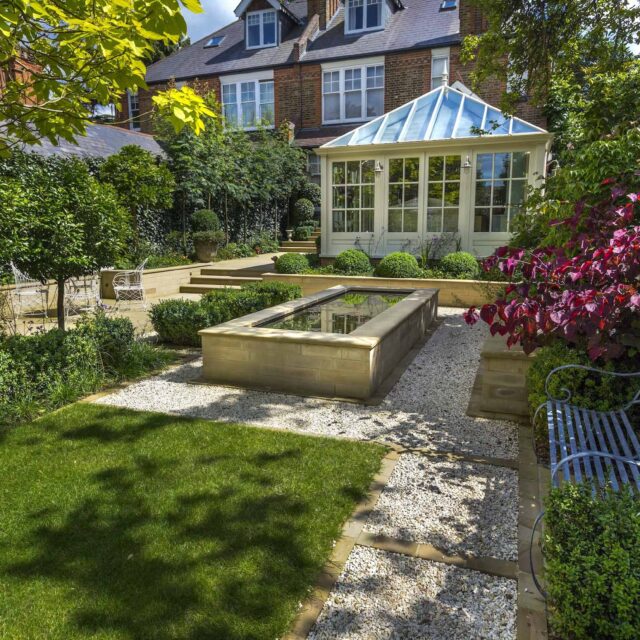 Surbiton Garden Landscape Design Elegant Formal Garden shabby chic theme, Staggered symmetry balanced equilibrium and a contemporary twist to traditional design.