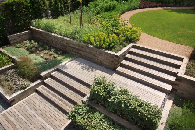 Beautiful town garden in Putney, design Garden landscaping company near me includes black granite stone paving and hard wood gates bespoke gates in hard wood.