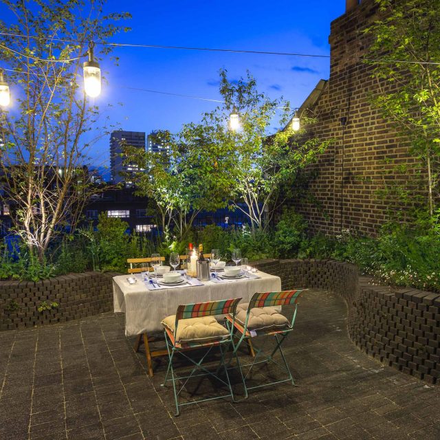 Marylebone London garden design by Todd Longstaff-Gowan and built by The Garden Buidlers brick patio drainage landscaping, planting with shrubs and climbers.