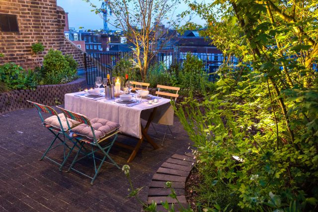 Marylebone London garden design by Todd Longstaff-Gowan and built by The Garden Buidlers brick patio drainage landscaping, planting with shrubs and climbers.
