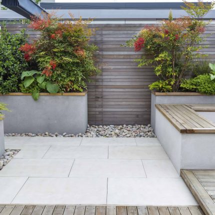 Roof Terrace garden Design for a penthouse apartment King's Cross development, expanse decking storage benches, planters, cedar deck seating area outdoor room.