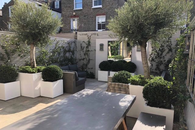 Wandsworth Garden designer initials Artificial Vertical Green Wall toward the rear of the garden breaks up the white of the adjoining trellis and creates space.