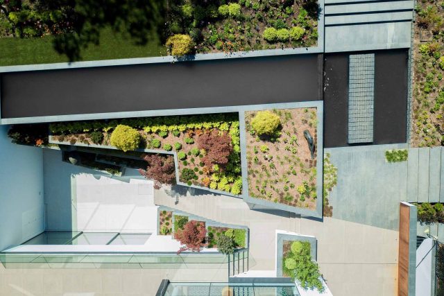 Contemporary garden Kingston Surrey, designed to exuding modern glamour with entertaining and activity space, geometric striking lines, architectural space.