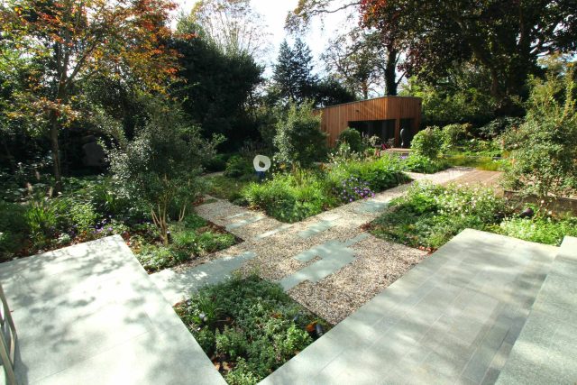 Garden Design Golders Green Strict, linear geometry gives way to a gently curving, hoggin path around the house vibrant relaxing space designed by Lynne Marcus.