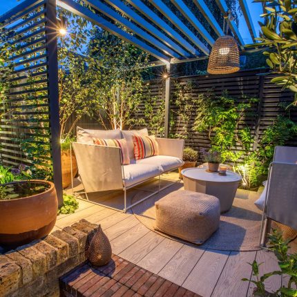 Greenwich Charlton Garden Design by The Garden Builders, outdoor lighting, Pergola structure, roof terrace building company in London top rated, Garden Room.