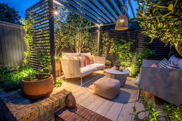 Greenwich Charlton Garden Design by The Garden Builders, outdoor lighting, Pergola structure, roof terrace building company in London top rated, Garden Room.