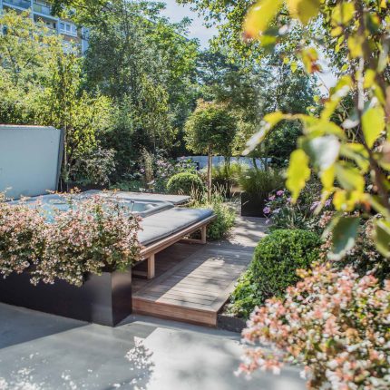 Garden Designer Guildford Surrey Garden Design Landscape Contractor builders, raised decked pathway leads from the gleaming terrace to the hot tub area where an.