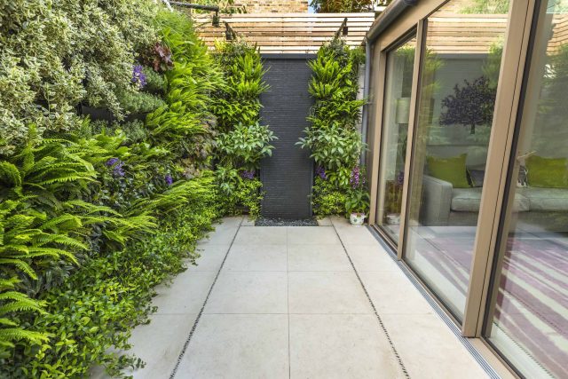 Kensington Courtyard Garden design, living green walls, illuminated with garden lighting in this limited space, a tapestry of green slatted red cedar trellis.