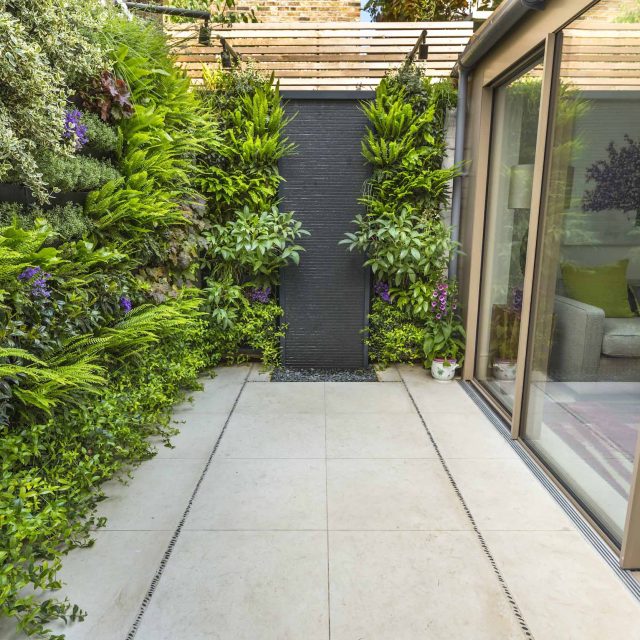 Kensington Courtyard Garden design, living green walls, illuminated with garden lighting in this limited space, a tapestry of green slatted red cedar trellis.