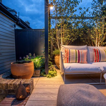 Greenwich Charlton Garden Design by The Garden Builders, outdoor lighting, Pergola structure, roof terrace building company in London top rated, Garden Room.
