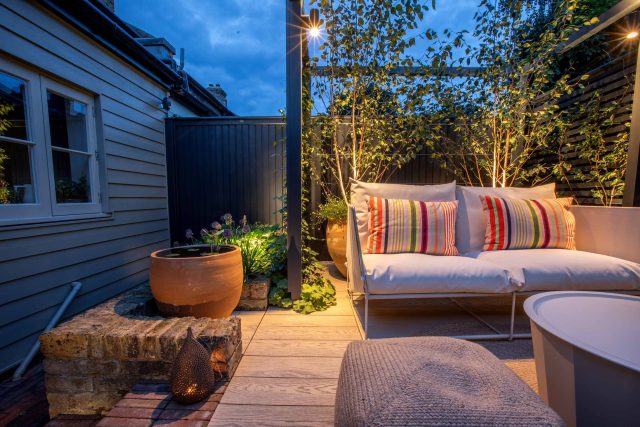 Greenwich Charlton Garden Design by The Garden Builders, outdoor lighting, Pergola structure, roof terrace building company in London top rated, Garden Room.
