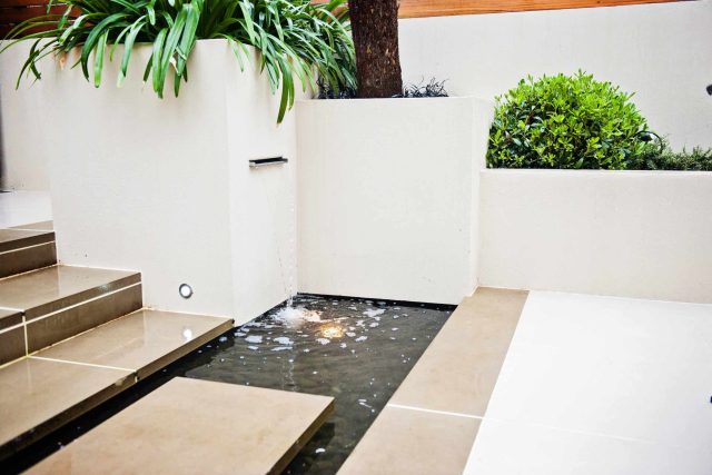 Beautiful London Garden, Clancarty Road, London, new block rendered boundary walls, planting, lighting, submersible water lights, bright contemporary effect.