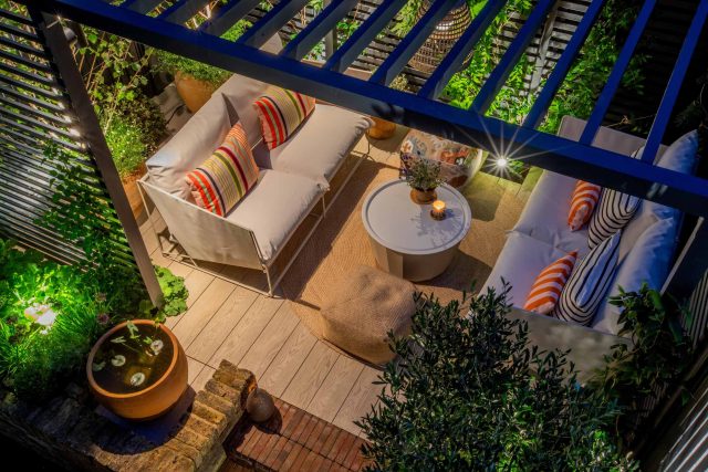 Greenwich Charlton Garden Design by The Garden Builders, outdoor lighting, Pergola structure, roof terrace building company in London top rated, Garden Room.