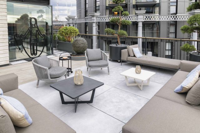 Roof Terrace Designer Mayfair, central London apartment, is arguably the most prestigious penthouse garden to echo the building and area, roof terrace design.