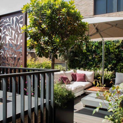 Roof terraces gardens designed and built contemporary by London designer, outdoor seating, privacy, planting major considerations green spaces.