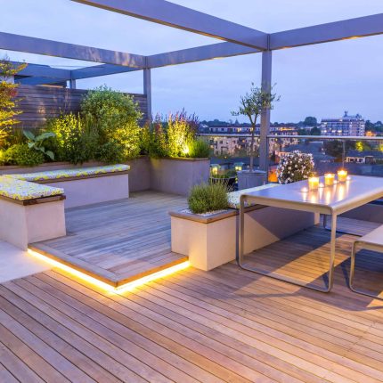 Roof terraces gardens designed and built contemporary by London designer, outdoor seating, privacy, planting major considerations green spaces.