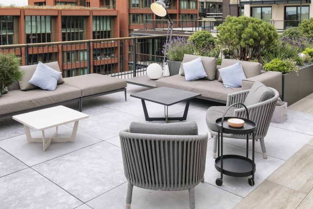 Roof Terrace Designer Mayfair, central London apartment, is arguably the most prestigious penthouse garden to echo the building and area, roof terrace design.