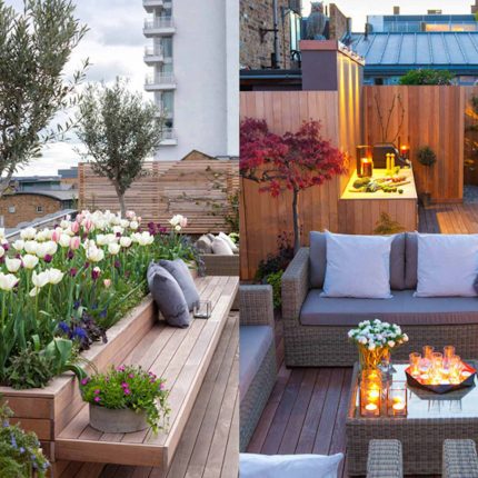 Roof terrace with decking, artificial level lawn and LED lighting design at New Concordia Wharf, highlight surfaces and architectural elements in the evenings.