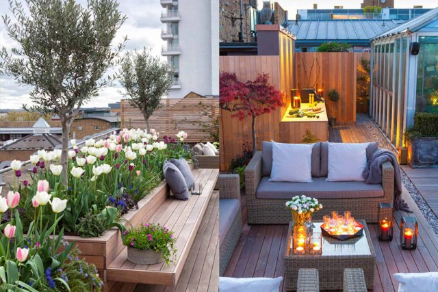 Roof terrace with decking, artificial level lawn and LED lighting design at New Concordia Wharf, highlight surfaces and architectural elements in the evenings.