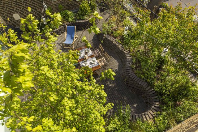 Marylebone London garden design by Todd Longstaff-Gowan and built by The Garden Buidlers brick patio drainage landscaping, planting with shrubs and climbers.