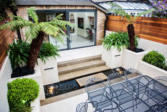 Beautiful London Garden, Clancarty Road, London, new block rendered boundary walls, planting, lighting, submersible water lights, bright contemporary effect.