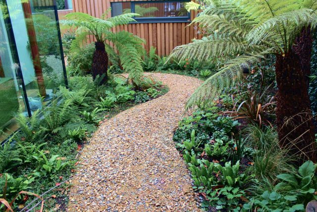 Garden Design Golders Green Strict, linear geometry gives way to a gently curving, hoggin path around the house vibrant relaxing space designed by Lynne Marcus.