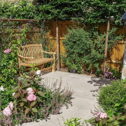 Small garden design in Clapham south London, carefully edited elements can create a perfect garden composition in a small space, planting vibrant luxuriously.