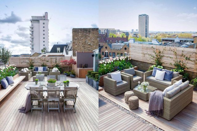 Roof terrace with decking, artificial level lawn and LED lighting design at New Concordia Wharf, highlight surfaces and architectural elements in the evenings.