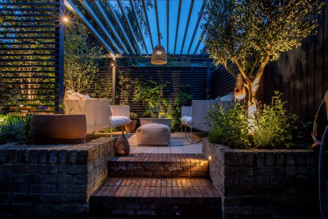 Greenwich Charlton Garden Design by The Garden Builders, outdoor lighting, Pergola structure, roof terrace building company in London top rated, Garden Room.