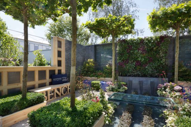 Large city garden design space for a grand house by Kate Gould, Magistrates Garden RHS 2011 Silver Gilt outdoor relaxing space, curved bench, water feature.