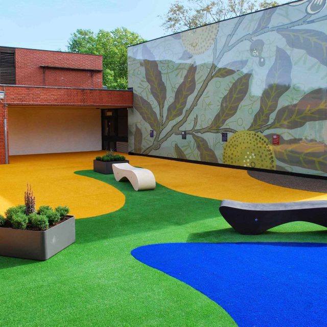 School playground garden design for primary school courtyard development in London, learning and teaching environment landscaping commercial contractors London.