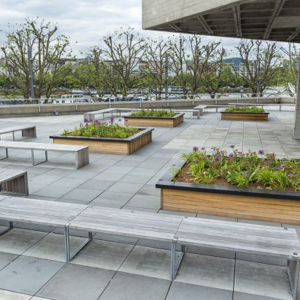 A concrete terrace with wooden benches on the brutalist South Bank in London.