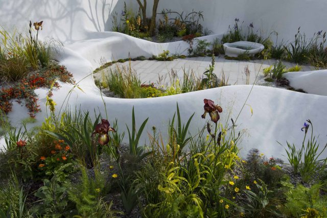 Garden Landscape Design, Pure Foundation Garden, inspired by the dramatic topography Chinese landscape design, creeping varieties, seating, bench, table, grass.