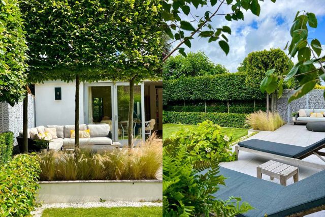 Garden design Wandsworth a medium size garden is divided into three main areas of an urban retreat offering multiple options for relaxation outdoor fireplace.