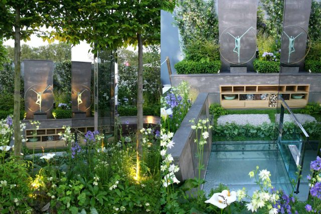 Award Winning RHS Silver Gilt Medal by Kate Gould, The Garden Builders RHS Chelsea Flower Show 2010, outdoor room, bio-gel fireplace, concrete chimney.