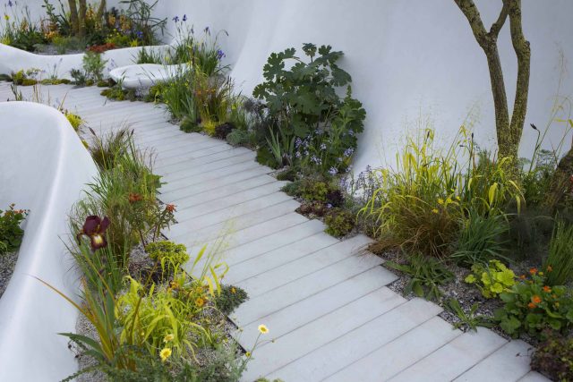 Garden Landscape Design, Pure Foundation Garden, inspired by the dramatic topography Chinese landscape design, creeping varieties, seating, bench, table, grass.