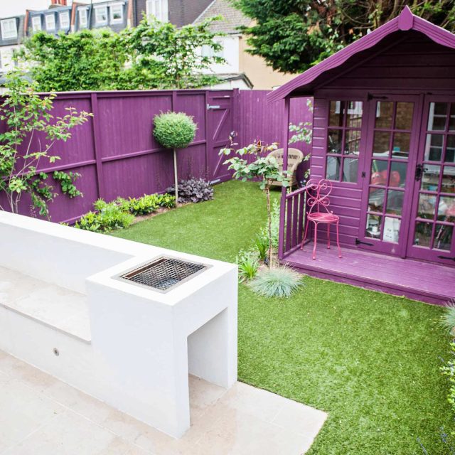 Garden design Wimbledon, family garden designers The Garden Builders Landscape consultants Surrey, raised bed with limestone seating, integrated relaxation.